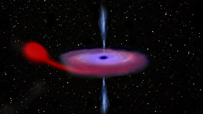 Artist’s impression of a black hole feasting on matter from its companion star in a binary system. Material flows from the star towards the black hole and gathers in a disc, where it is heated up, shining brightly at optical, ultraviolet and X-ray wavelengths before spiralling into the black hole. Part of the disc material does not end up onto the black hole but is ejected the form of two powerful jets of particles. CREDIT: ESA/ATG medialab