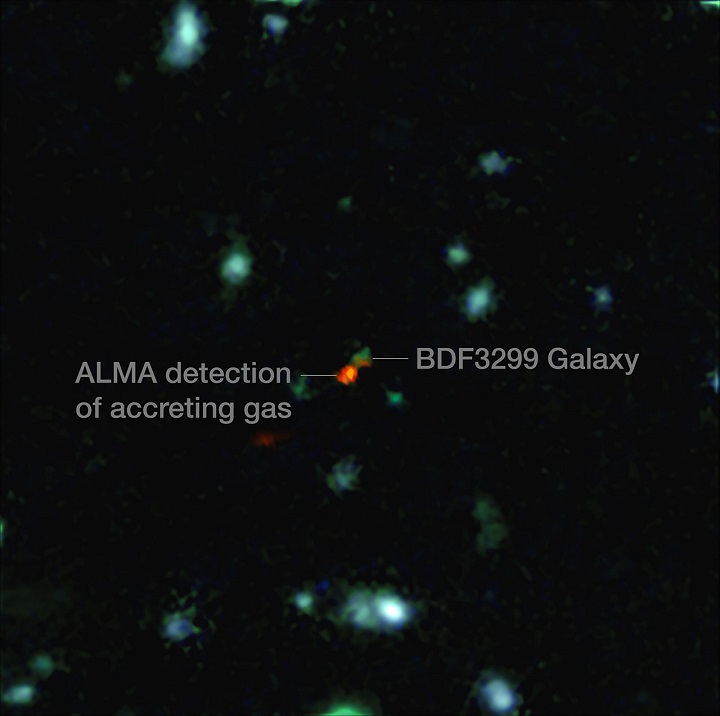 This view is a combination of images from ALMA and the Very Large Telescope. The central object is a very distant galaxy, labelled BDF 3299, which is seen when the Universe was less than 800 million years old. The bright red cloud just to the lower left is the ALMA detection of a vast cloud of material that is in the process of assembling the very young galaxy. Credit: ESO/R. Maiolino
