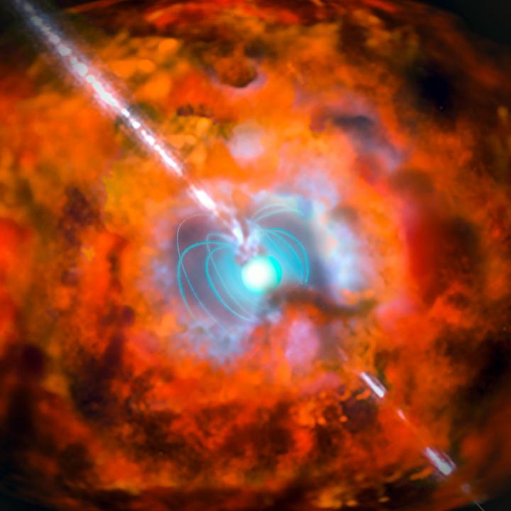 This artist's impression shows a supernova and associated gamma-ray burst driven by a rapidly spinning neutron star with a very strong magnetic field -- an exotic object known as a magnetar. Observations from ESO's La Silla and Paranal Observatories in Chile have for the first time demonstrated a link between a very long-lasting burst of gamma rays and an unusually bright supernova explosion. The results show that the supernova following the burst GRB 111209A was not driven by radioactive decay, as expected, but was instead powered by the decaying super-strong magnetic fields around a magnetar. CREDIT ESO