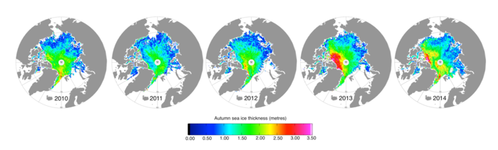 Autumn Arctic sea-ice thickness as measured by CryoSat between 2010 and 2014. Credit: UCL/CPOM/University of Leeds