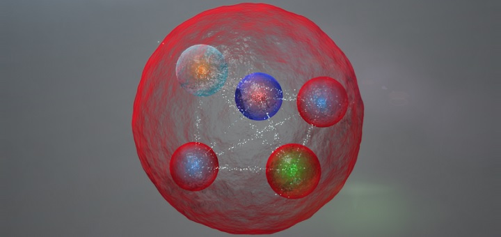 Illustration of the possible layout of the quarks in a pentaquark particle such as those discovered at LHCb. The five quarks might be tightly bonded. © CERN