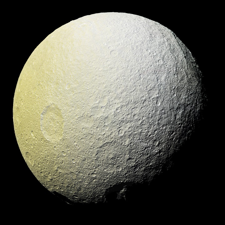 This enhanced-color mosaic of Tethys shows terrain slightly farther to the southwest than images taken a couple of hours earlier. A version with standard image processing is available, along with a strongly enhanced version. Credits: NASA/JPL-Caltech/Space Science Institute